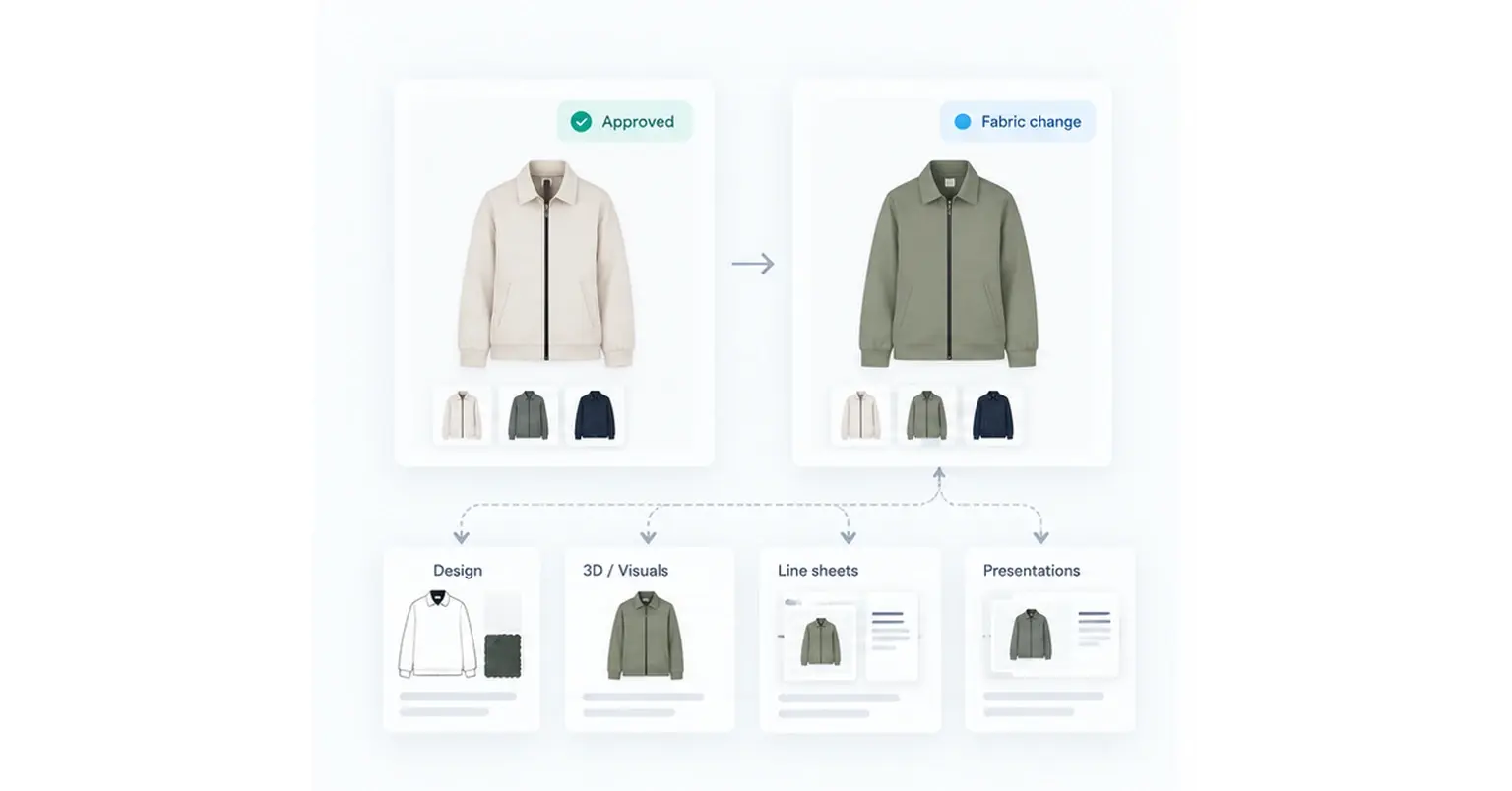 Approved jacket change triggering updates across design, development, merchandising and regional review materials.