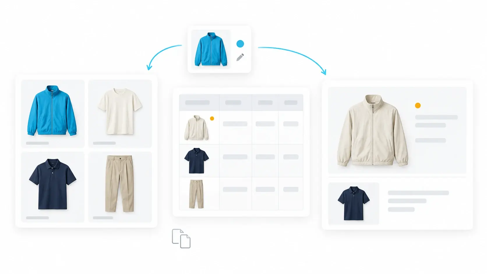 A garment color change requires manual updates across a merchandising line board, assortment spreadsheet, and review presentation.