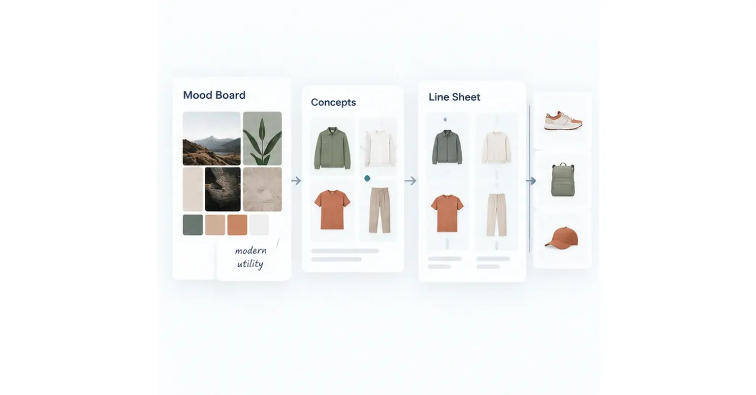 Mood board, product concepts and line sheet shown as connected stages in the apparel design and development process.