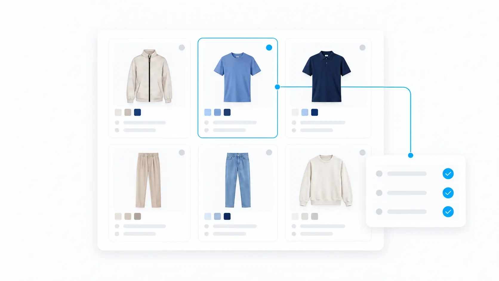 Visual apparel line plan with product images, color options, and connected planning details.