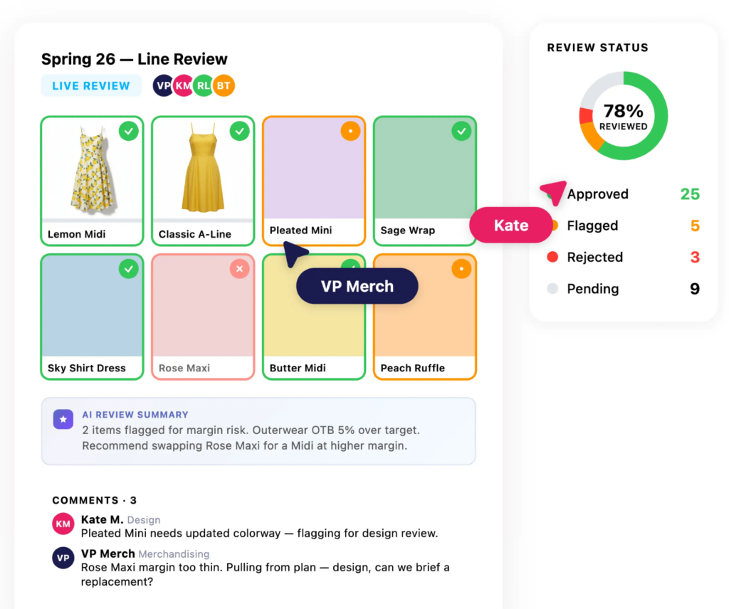 VP of merchandising collaborating on a line review in VibeIQ